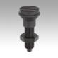 Indexing plungers, steel or stainless steel, without collar, with plastic mushroom grip and locknut