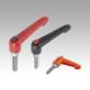 Clamping levers, plastic with external thread and push button, threaded insert stainless steel