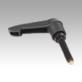 Clamping levers, plastic with external thread and brass thrust pin, threaded insert black oxidised steel