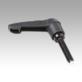 Clamping levers, plastic with external thread and POM thrust pin, threaded insert black oxidised steel