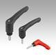 Clamping levers, plastic, with external thread and safety function, threaded pin blue passivated steel