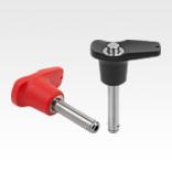 Ball lock pins with plastic L-grip and high shear strength