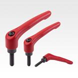 Clamping levers, steel, with external thread, ruby red, threaded insert, black oxidised steel