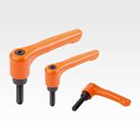 Clamping levers, die-cast zinc, flat with external thread, pure orange satin finish, threaded insert black oxidised steel