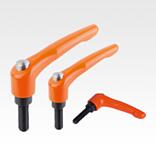 Clamping levers, die-cast zinc, with external thread and protective cap, pure orange satin finish, threaded insert black oxidised steel