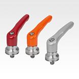 Clamping levers, die-cast zinc with external thread and clamping force intensifier, threaded insert stainless steel