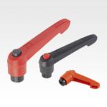 Clamping levers, plastic with internal thread and push button, threaded insert black oxidised steel