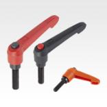 Clamping levers, plastic with external thread and push button, threaded insert black oxidised steel