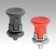 Indexing plungers, steel or stainless steel, short version with plastic mushroom grip, locking slot and locknut
