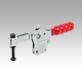 Toggle clamps horizontal with straight foot and adjustable clamping spindle