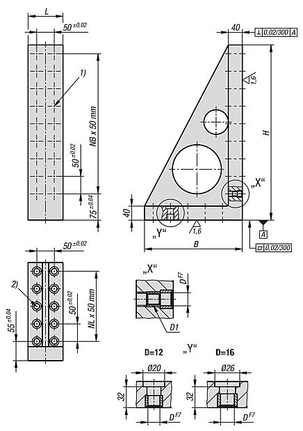 Angle plates, grey cast iron, narrow with grid holes