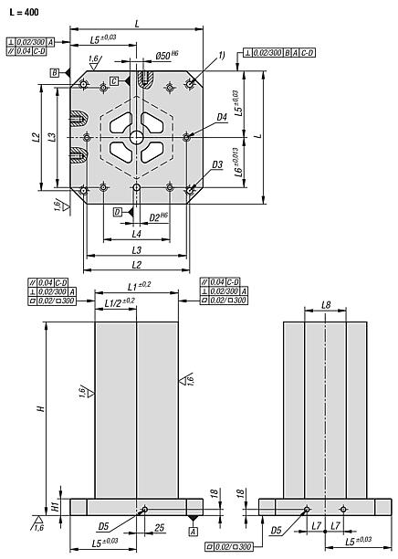 Clamping towers, grey cast iron, 6-sided, with pre-machined clamping faces