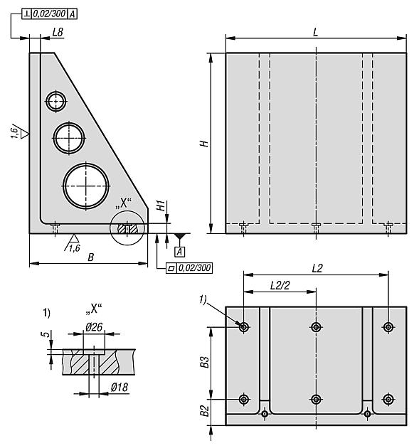 Angle plates, grey cast iron, wide with pre-machined clamping faces