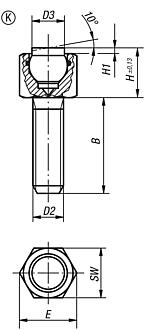 Self-aligning pads, external thread, with O-ring, Form K, flattened POM ball smooth