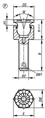 Self-aligning pads, external thread, with O-ring, Form P, stainless steel ball with polyurethane face