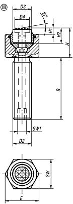 Soportes con bola oscilante ajustables con junta tórica e insertos intercambiables, forma M, pinza aplanada, con acanaladura de metal duro