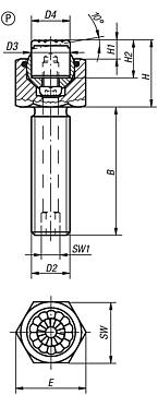 Soportes con bola oscilante ajustables con junta tórica e insertos intercambiables, forma P, inserto de acero inoxidable con superficie de poliuretano