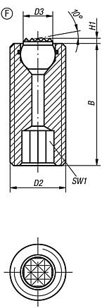 Supports à bille oscillante réglables, avec joint torique intégré et embase à six pans creux, forme F, bille en acier avec plat, strié