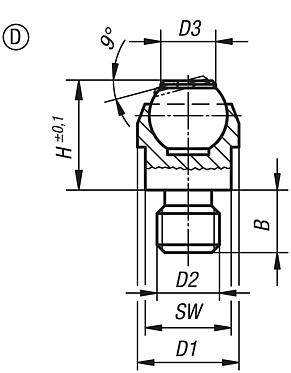 Dispositivos de apoio com esfera autoalinhante, forma D, com rosca macho, esfera plana e elemento de encaixe de POM (Poliacetal)