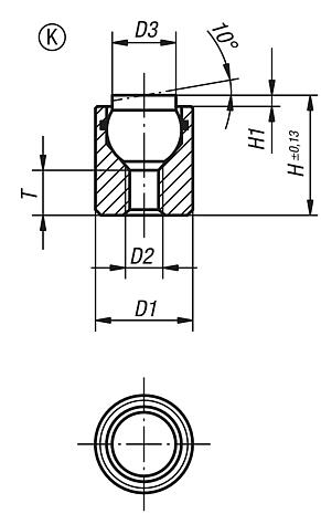 Supports à bille oscillante avec joint torique, forme K, bille en POM avec plat, lisse