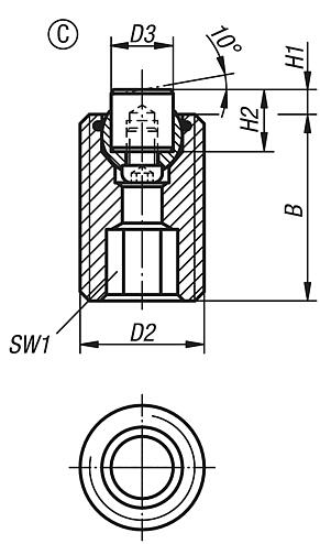 Self-aligning pads, adjustable, with O-ring, exchangeable inserts, hexagon socket, Form C, flattened steel insert smooth