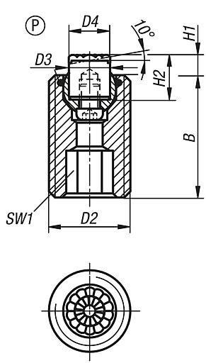 Supports à bille oscillante réglables avec joint torique intégré, inserts interchangeables et embase à six pans creux, forme P, insert en inox avec revêtement en polyuréthane