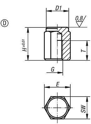 Pied fileté avec taraudage et surface plane rectifiée, forme D