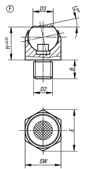 Soportes con bola oscilante, ángulo de inclinación 12°, forma F con rosca exterior, bola aplanada, con acanaladura