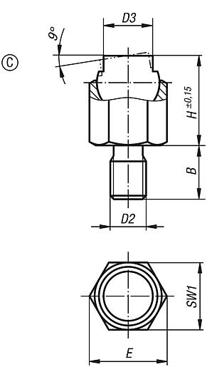 Self-aligning pads, self-righting, Form C, with external thread, flattened ball, smooth