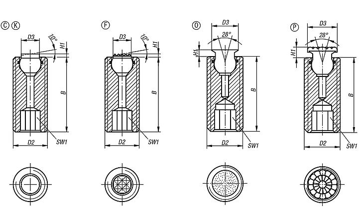 Apoios com esfera auto-alinhante reguláveis com O-Ring e sextavado interno