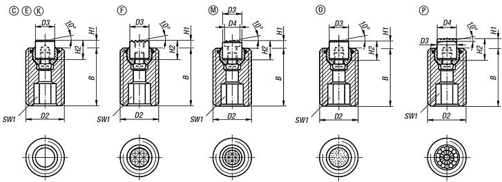 Supporti oscillanti regolabili con o-ring, inserti intercambiabili ed esagono incassato