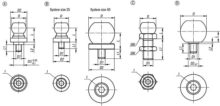 Clamping balls with cup for workpiece stabiliser