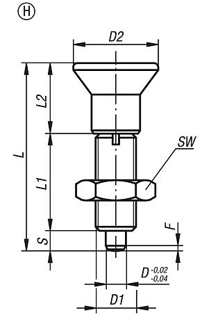 Indexing plungers, steel or stainless steel, without collar, with plastic mushroom grip and locknut