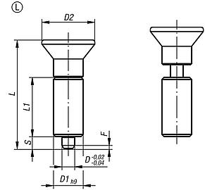 Spine di posizione in acciaio o acciaio inox, versione liscia, senza collare, con impugnatura a fungo in plastica, senza incavo d'arresto