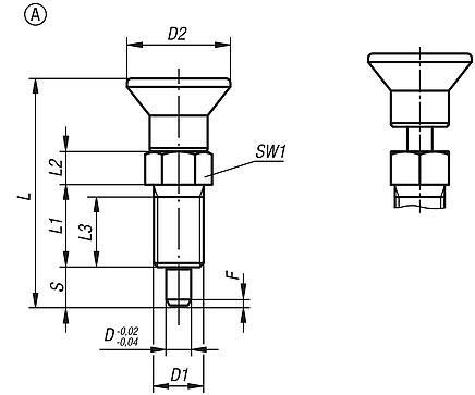 Indexing plungers, steel or stainless steel, with plastic mushroom grip and extended indexing pin, no locking slot or locknut