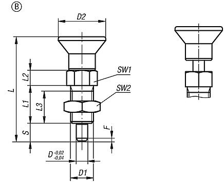 Spine di posizione in acciaio o acciaio inox con impugnatura a fungo in plastica, perno di bloccaggio allungato e controdado