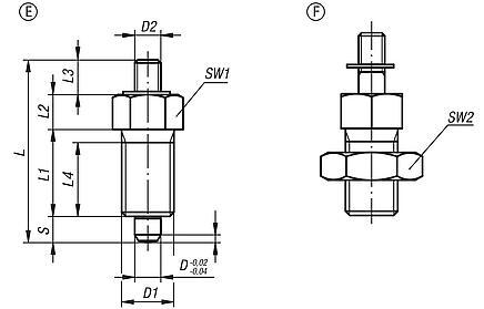 Indexing plungers, steel or stainless steel with threaded pin