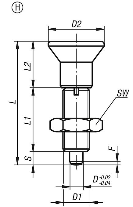 Indexing plungers, steel or stainless steel, without collar, with plastic mushroom grip, extended indexing pin and locknut