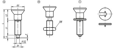 Indexing plungers, steel or stainless steel, without collar, with plastic mushroom grip, extended indexing pin and locknut