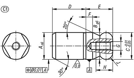 Locating pins with ball end Form C, internal thread one side in blind hole
