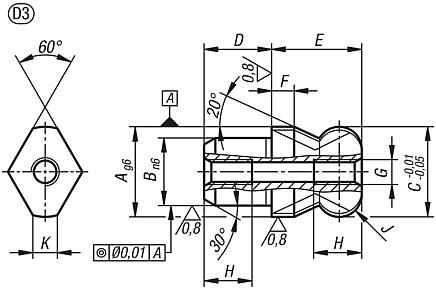 Locating pins with flattened ball end Form D, internal thread both sides in through hole
