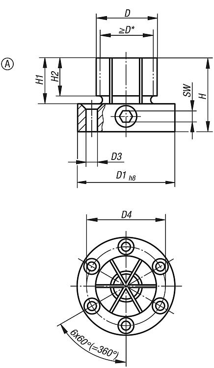 Spandoorn met zijdelingse klemming, vorm A voor bewerkingscentra, boor- en freesmachines