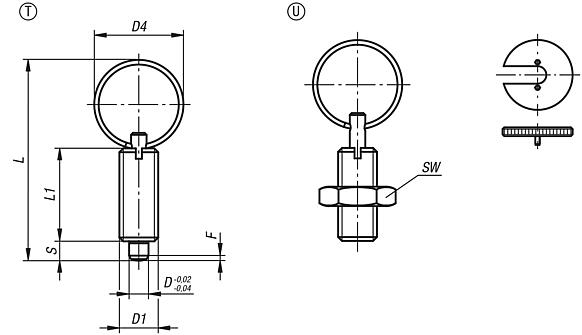 Spine di posizione in acciaio o acciaio inox senza collare, con anello di trazione in acciaio inox