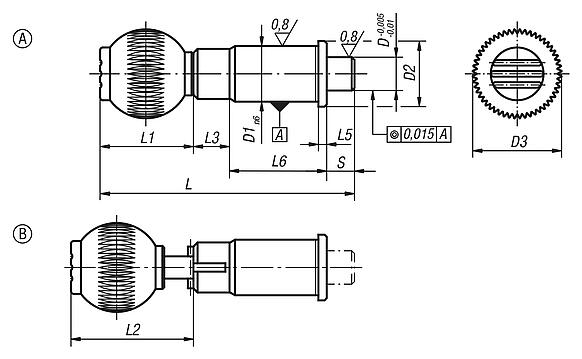 Precision indexing plungers, steel with plastic spherical knob and cylindrical indexing pin