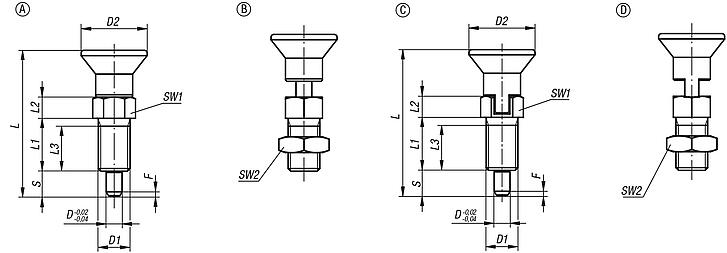 Indexing plungers, steel or stainless steel, with plastic mushroom grip extended indexing pin and load slot