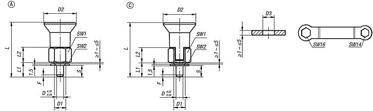 Indexing plungers, steel or stainless steel for thin-walled parts, with plastic mushroom grip