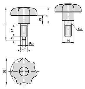 Indexing and clamping grips, steel with plastic star grip