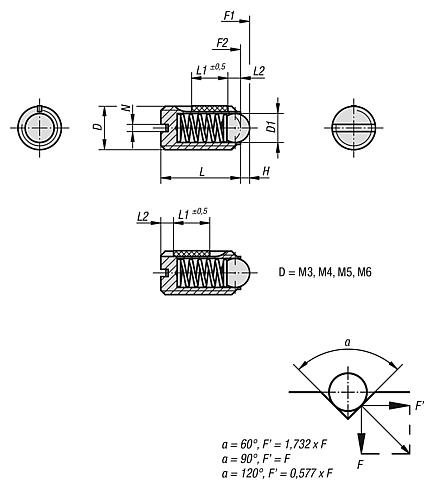 Spring plungers with slot and ball, steel, standard spring force, with thread lock