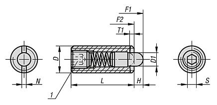 Federnde Druckstücke mit Innensechskant und Druckstift, Stahl