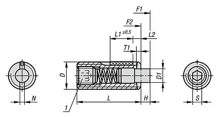 Federnde Druckstücke mit Innensechskant und Druckstift abgeflacht, Stahl, mit Gewindesicherung